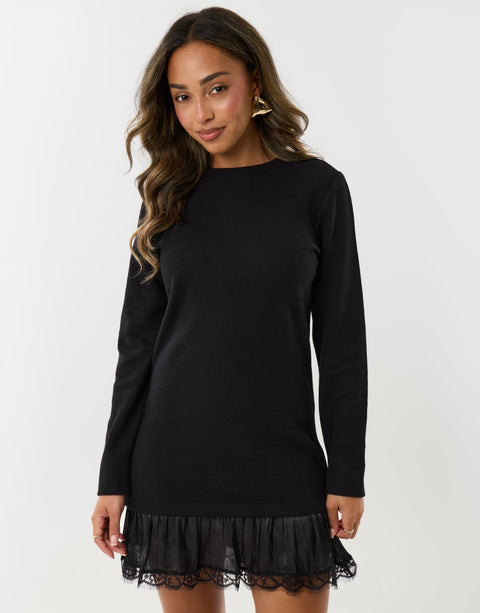 Threadbare Mini Jumper Dress with Crinkle Satin Skirt in Black -  front view