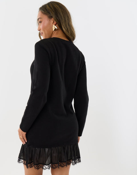 Threadbare Mini Jumper Dress with Crinkle Satin Skirt in Black - back view