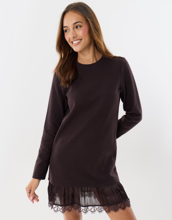 Mini Jumper Dress with Crinkle Satin Skirt in Chocolate Brown
