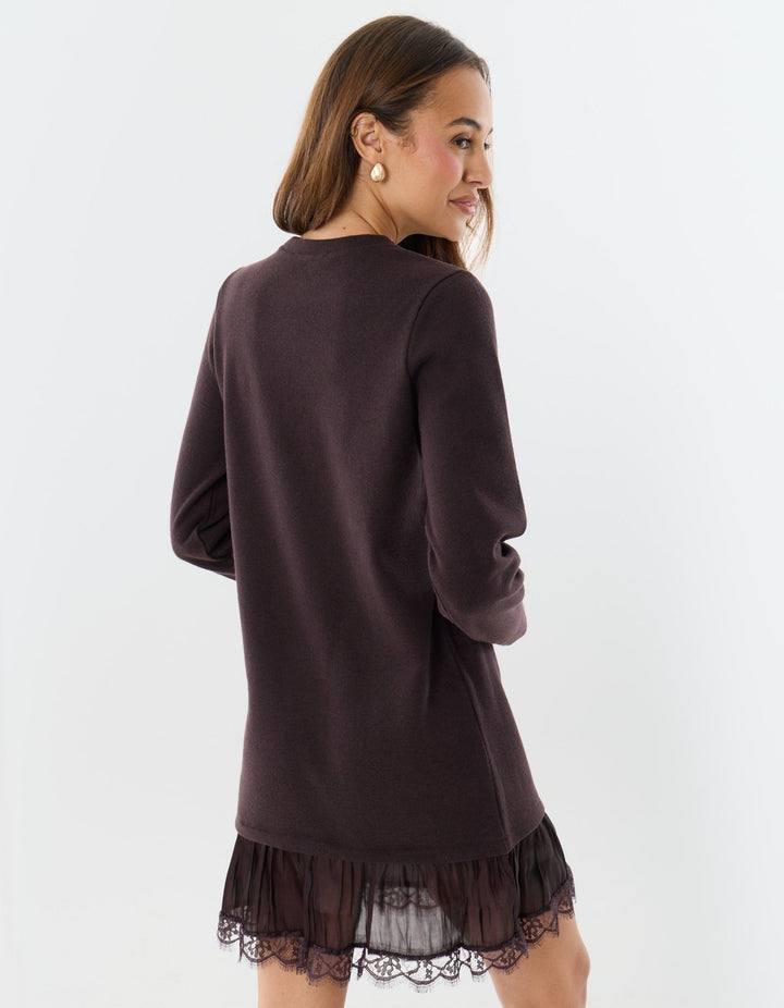 Mini Jumper Dress with Crinkle Satin Skirt in Chocolate Brown
