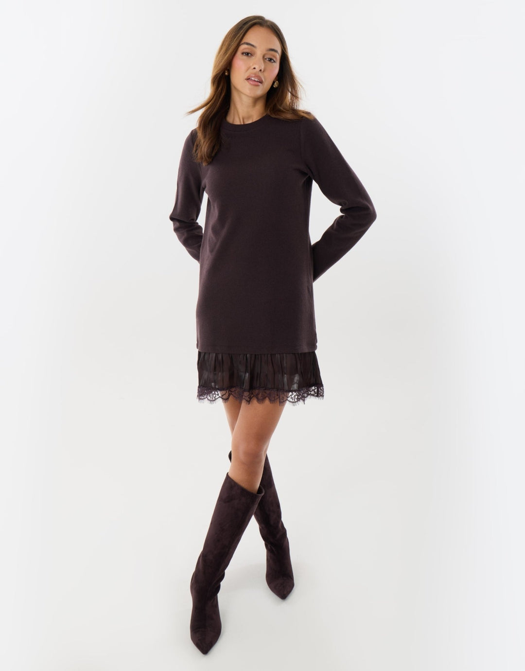 Mini Jumper Dress with Crinkle Satin Skirt in Chocolate Brown