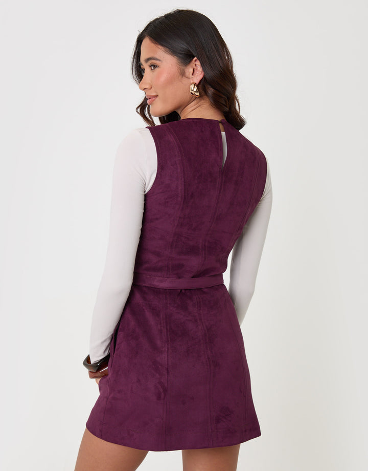 Threadbare Faux Suede Belted Mini Dress in Plum - back view