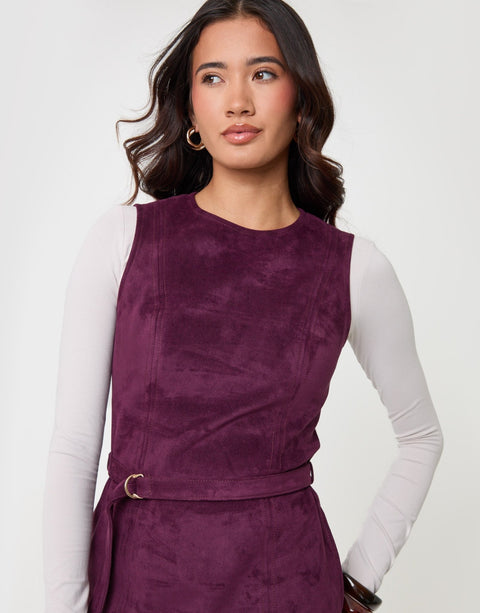 Threadbare Faux Suede Belted Mini Dress in Plum - detail