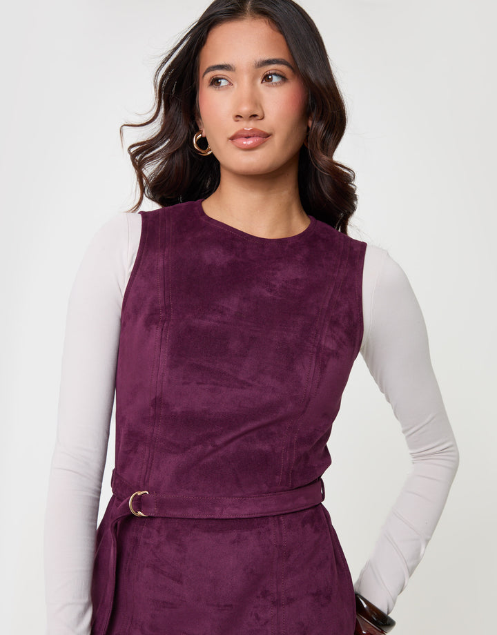 Threadbare Faux Suede Belted Mini Dress in Plum - detail