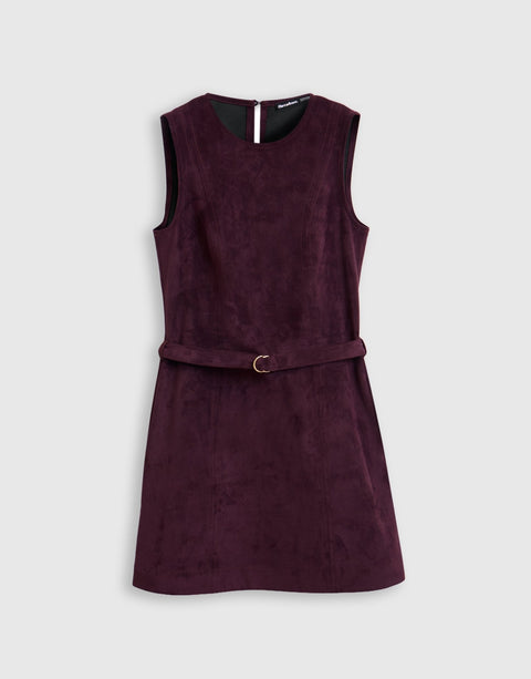 Threadbare Faux Suede Belted Mini Dress in Plum - mannequin image