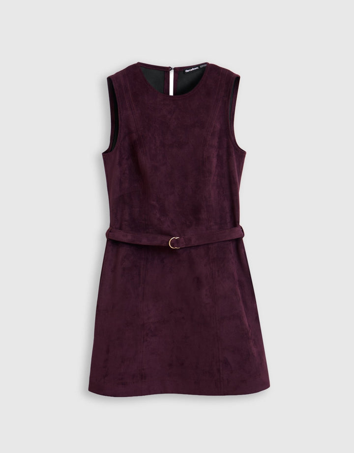 Threadbare Faux Suede Belted Mini Dress in Plum - mannequin image
