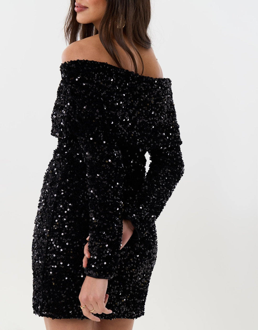 Sequin Bardot Mini Dress in Black