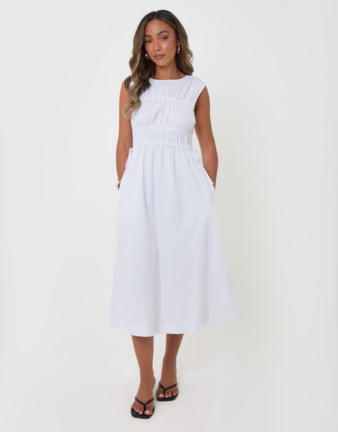 Threadbare Shirred Denim Drawstring Waist Midaxi Dress in White - front view