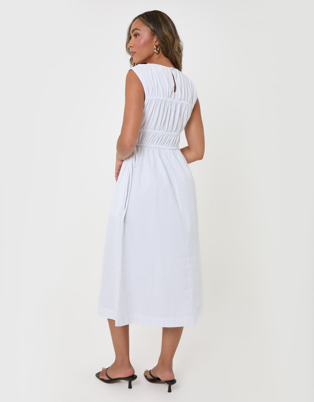 Threadbare Shirred Denim Drawstring Waist Midaxi Dress in White - back view