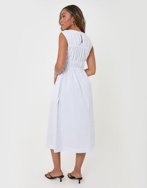 Threadbare Shirred Denim Drawstring Waist Midaxi Dress in White - back view