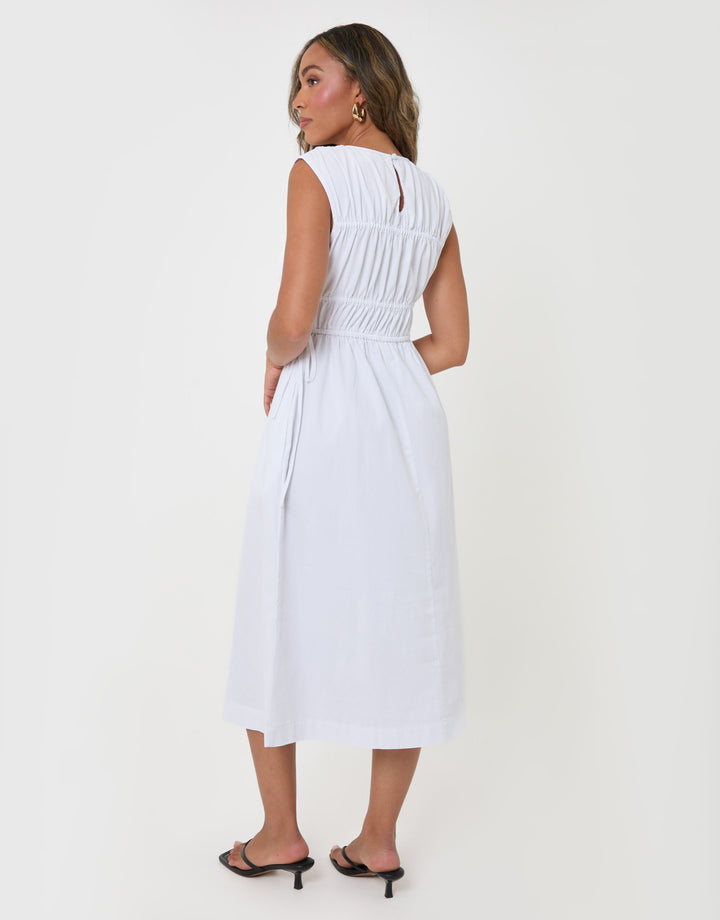 Threadbare Shirred Denim Drawstring Waist Midaxi Dress in White - back view