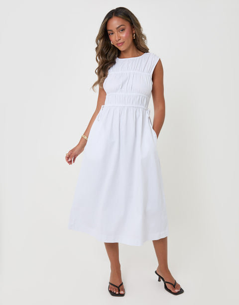 Threadbare Shirred Denim Drawstring Waist Midaxi Dress in White - front view