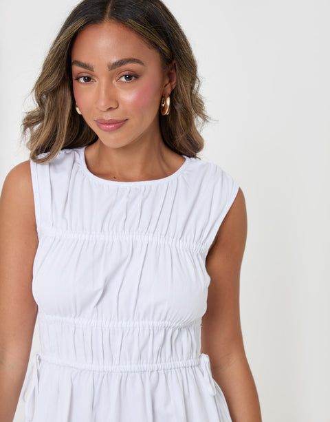 Threadbare Shirred Denim Drawstring Waist Midaxi Dress in White - close up