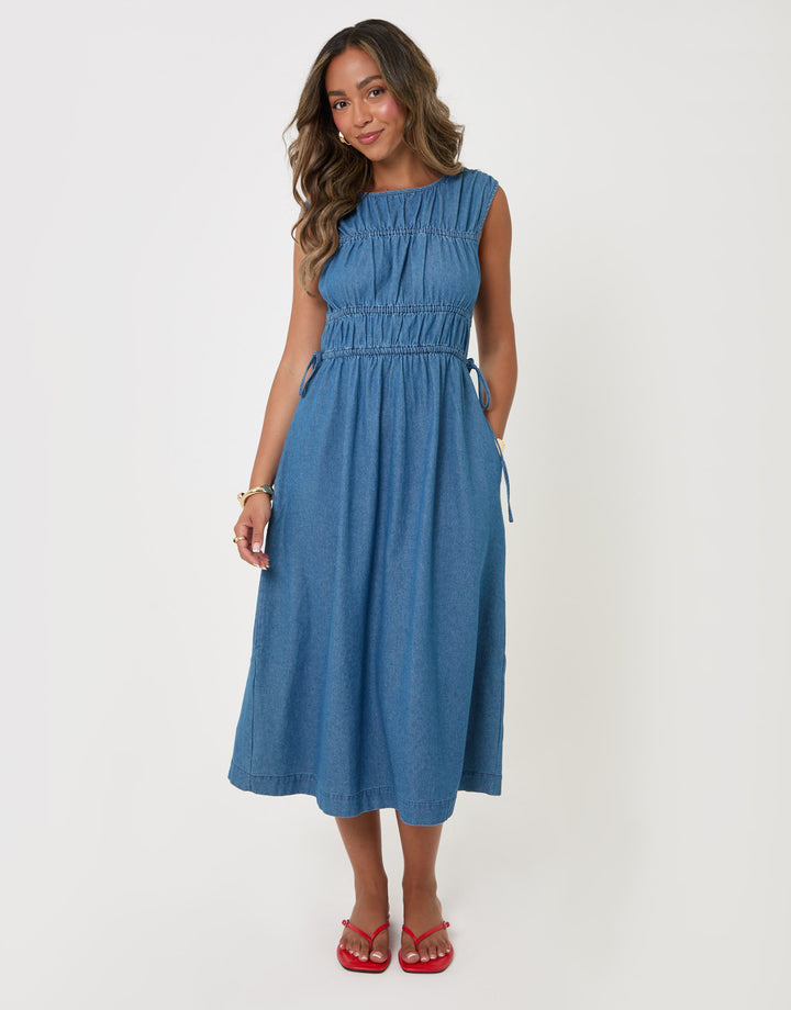 Threadbare Shirred Denim Drawstring Waist Midaxi Dress in Mid Wash - front view