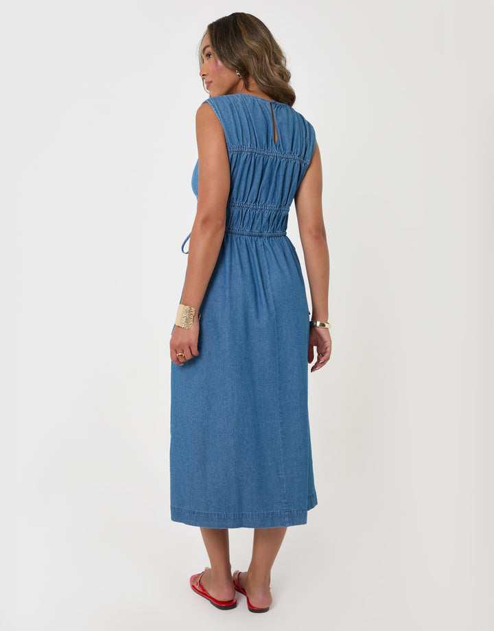 Threadbare Shirred Denim Drawstring Waist Midaxi Dress in Mid Wash - back view