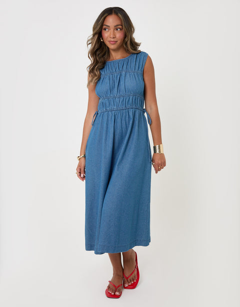 Threadbare Shirred Denim Drawstring Waist Midaxi Dress in Mid Wash - full body