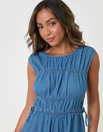 Threadbare Shirred Denim Drawstring Waist Midaxi Dress in Mid Wash - close up