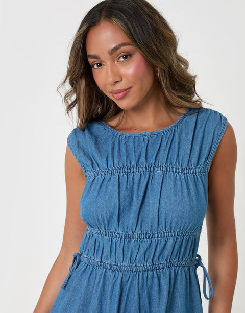 Threadbare Shirred Denim Drawstring Waist Midaxi Dress in Mid Wash - close up