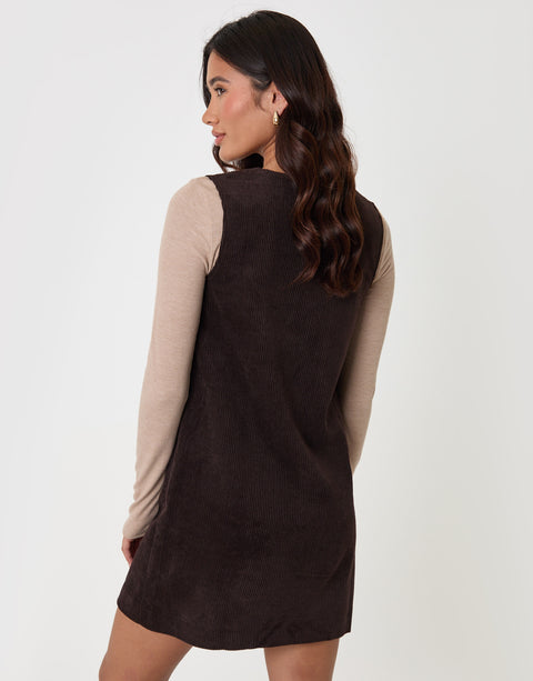 Threadbare Corduroy V Neck Mini Dress in Chocolate Brown - back view