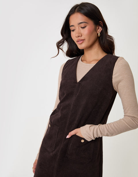 Threadbare Corduroy V Neck Mini Dress in Chocolate Brown - detail
