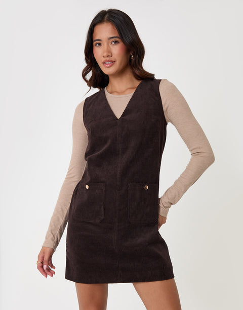 Threadbare Corduroy V Neck Mini Dress in Chocolate Brown - front view