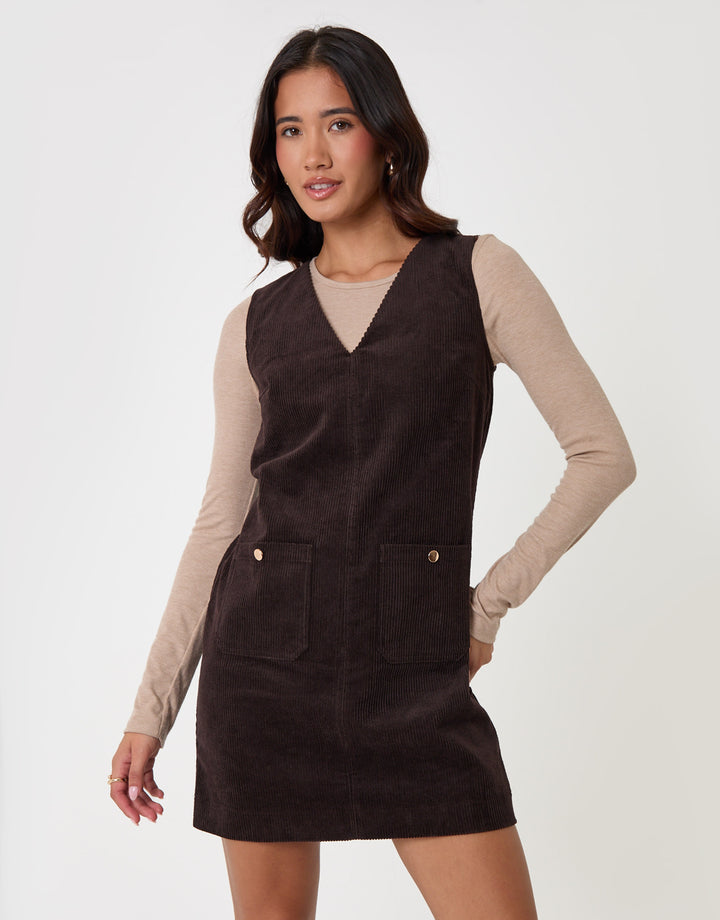 Threadbare Corduroy V Neck Mini Dress in Chocolate Brown - front view