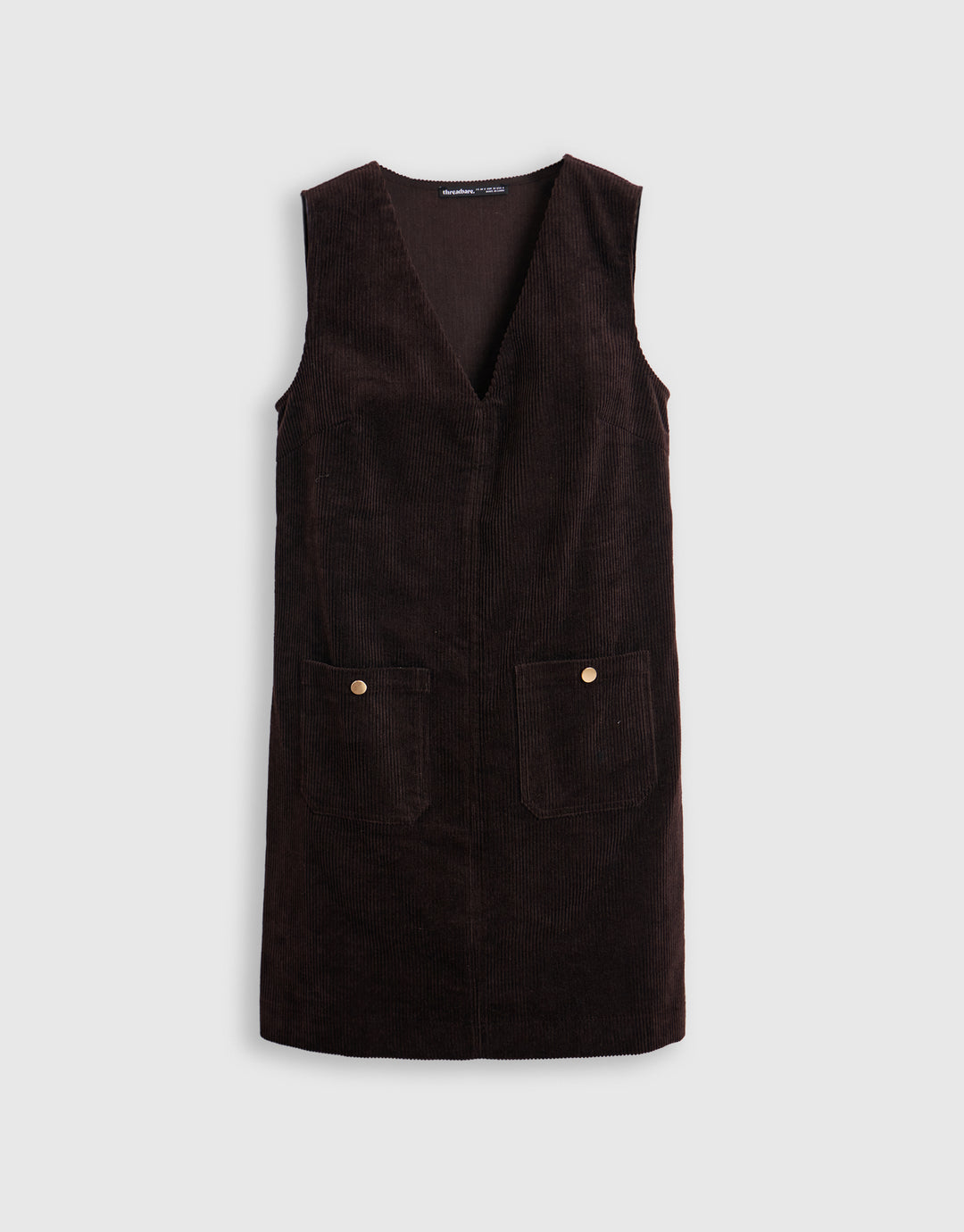 Threadbare Corduroy V Neck Mini Dress in Chocolate Brown - mannequin image