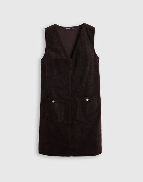 Threadbare Corduroy V Neck Mini Dress in Chocolate Brown - mannequin image