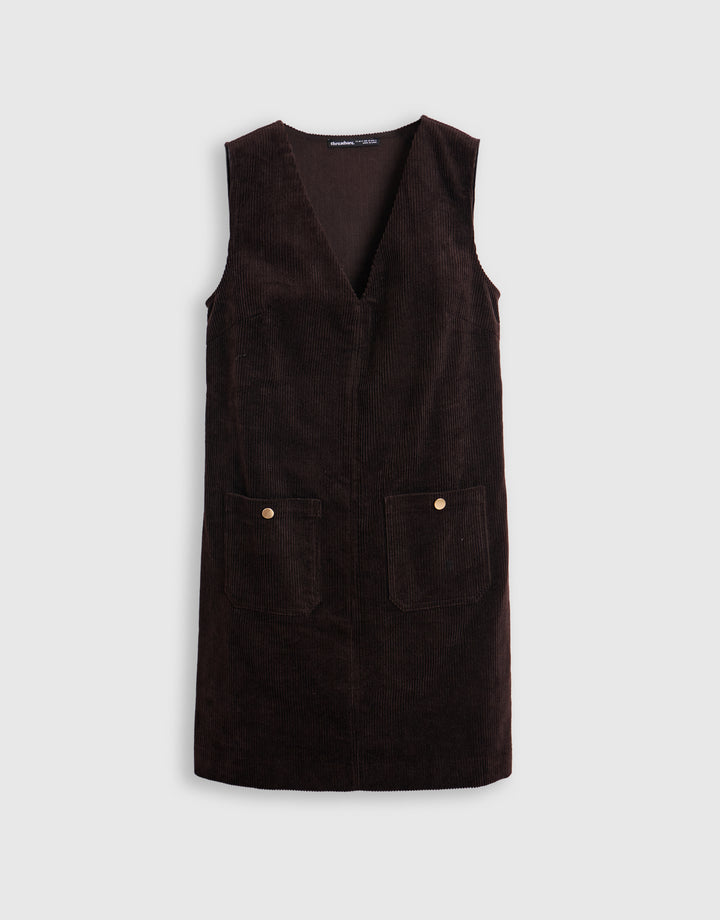 Threadbare Corduroy V Neck Mini Dress in Chocolate Brown - mannequin image