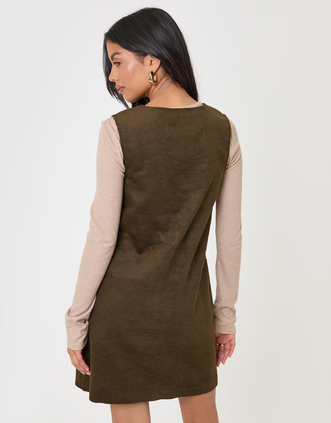 Threadbare Corduroy V Neck Mini Dress in Khaki - back view