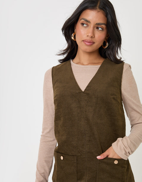 Threadbare Corduroy V Neck Mini Dress in Khaki - close up