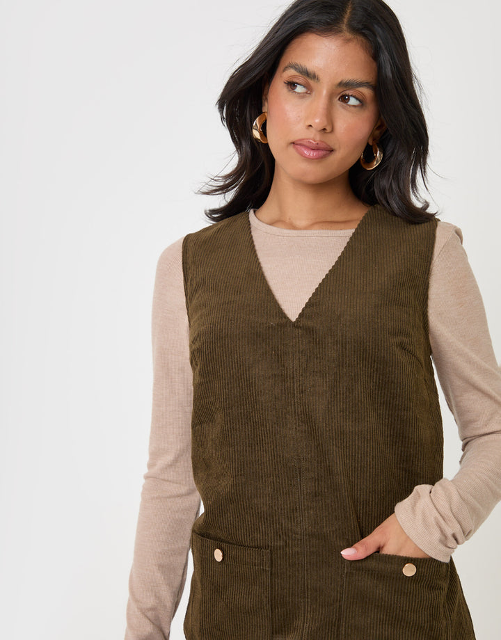 Threadbare Corduroy V Neck Mini Dress in Khaki - close up