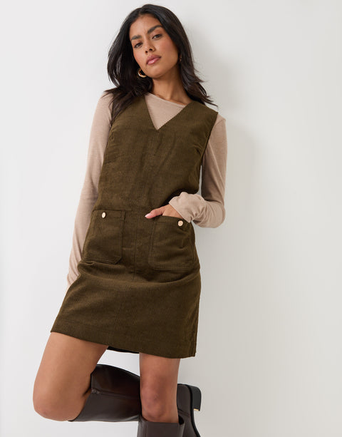 Threadbare Corduroy V Neck Mini Dress in Khaki - front view
