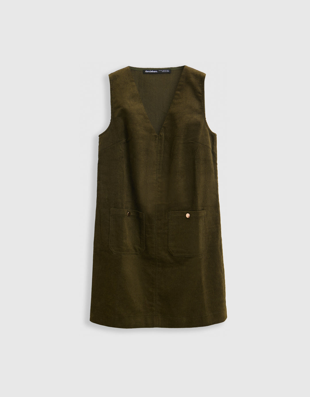 Threadbare Corduroy V Neck Mini Dress in Khaki - mannequin image