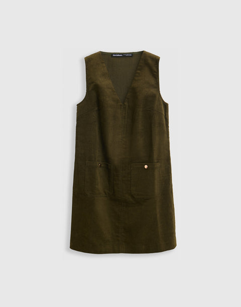 Threadbare Corduroy V Neck Mini Dress in Khaki - mannequin image