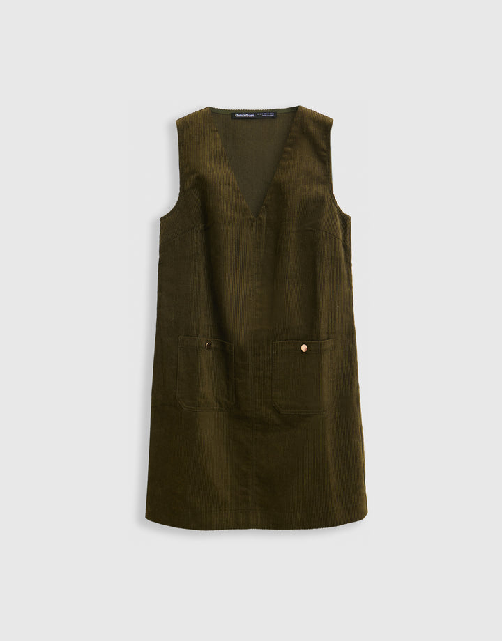 Threadbare Corduroy V Neck Mini Dress in Khaki - mannequin image