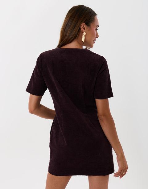 Threadbare Corduroy Button Down Mini Dress in Plum - back view
