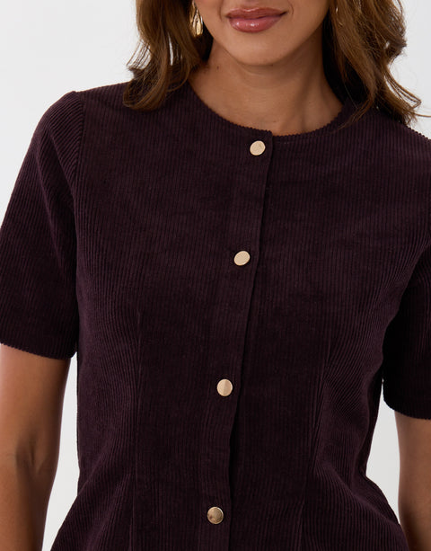 Threadbare Corduroy Button Down Mini Dress in Plum - close up