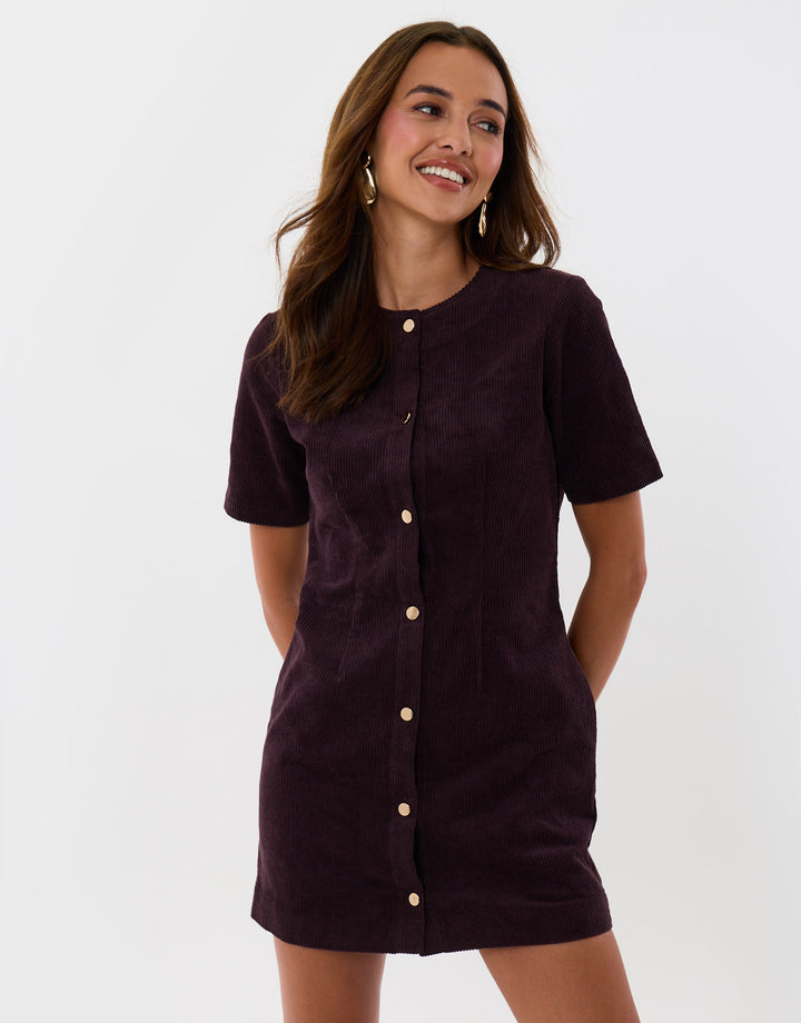 Threadbare Corduroy Button Down Mini Dress in Plum - front view
