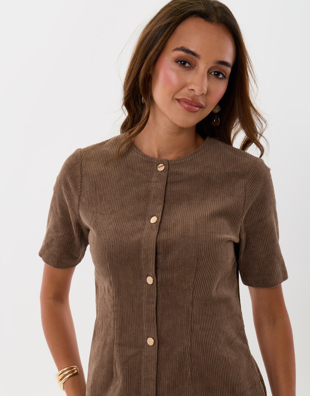 Threadbare Corduroy Button Down Mini Dress in Mocha Brown - detail