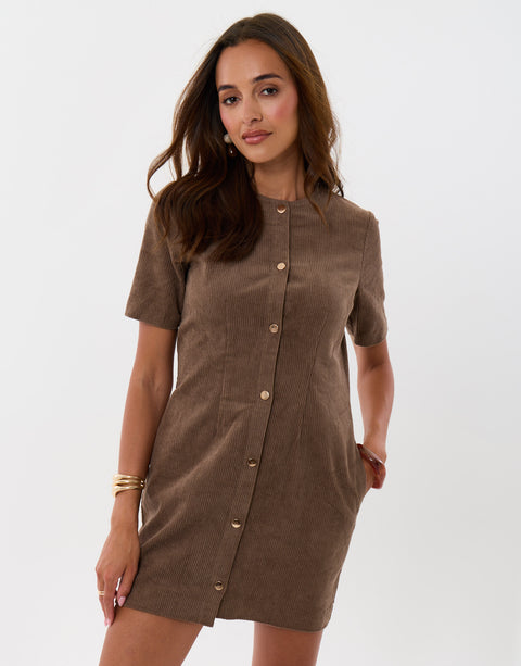 Threadbare Corduroy Button Down Mini Dress in Mocha Brown - front view