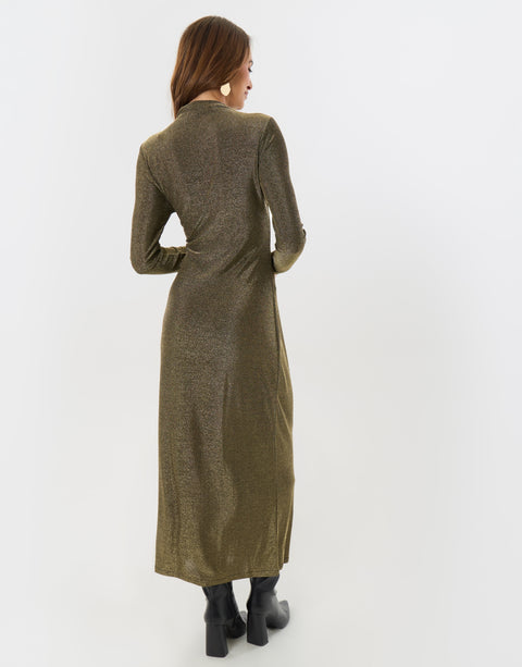 Threadbare Petite Funnel Neck Metallic Midaxi Dress in Bronze - back view