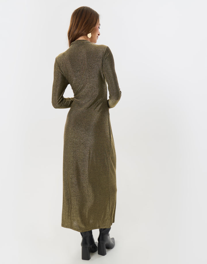 Threadbare Petite Funnel Neck Metallic Midaxi Dress in Bronze - back view