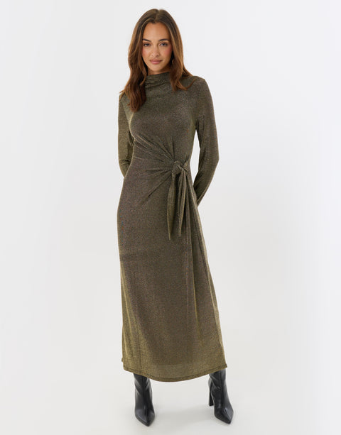 Threadbare Petite Funnel Neck Metallic Midaxi Dress in Bronze - full view
