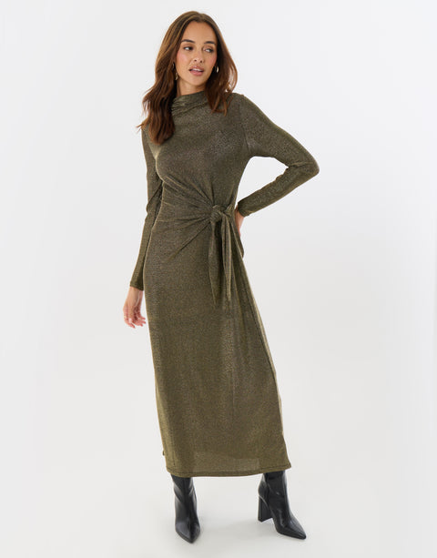Threadbare Petite Funnel Neck Metallic Midaxi Dress in Bronze - hand on hip full view