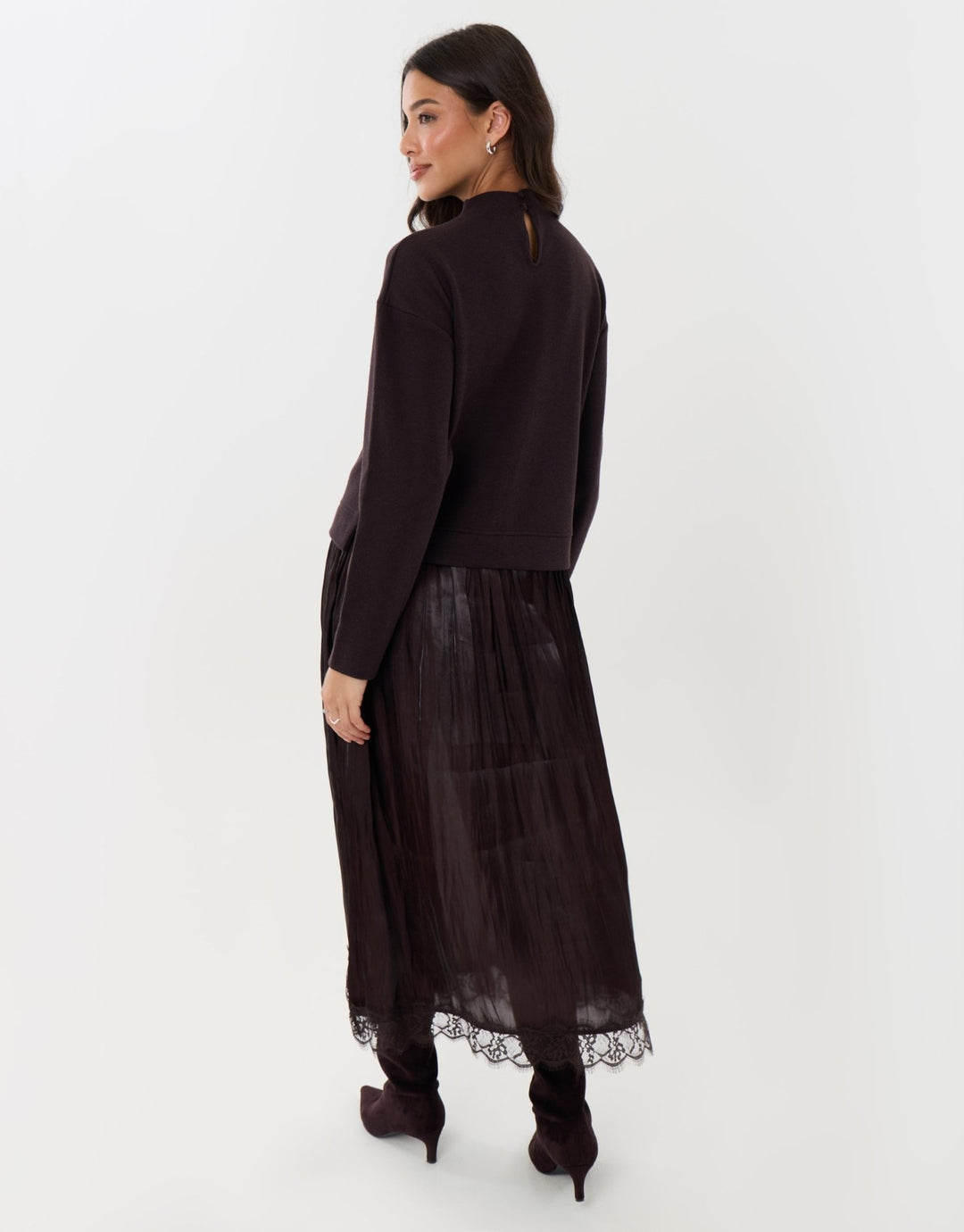 Midaxi Jumper Dress with Crinkle Satin Skirt in Chocolate Brown