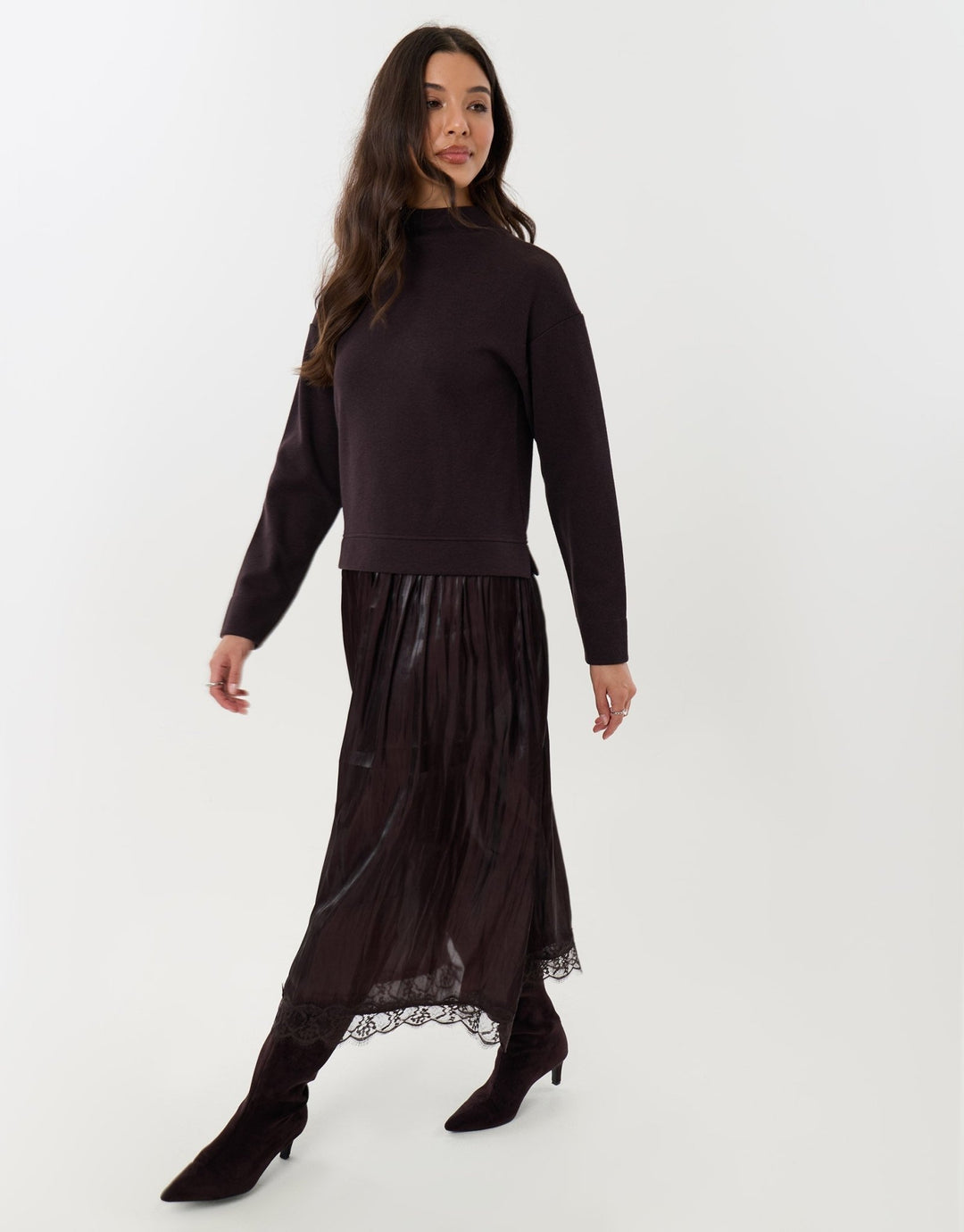 Midaxi Jumper Dress with Crinkle Satin Skirt in Chocolate Brown