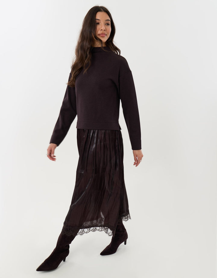 Midaxi Jumper Dress with Crinkle Satin Skirt in Chocolate Brown