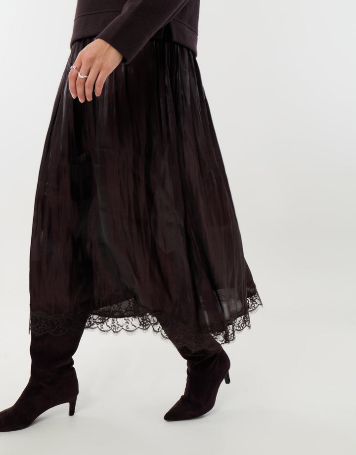 Midaxi Jumper Dress with Crinkle Satin Skirt in Chocolate Brown