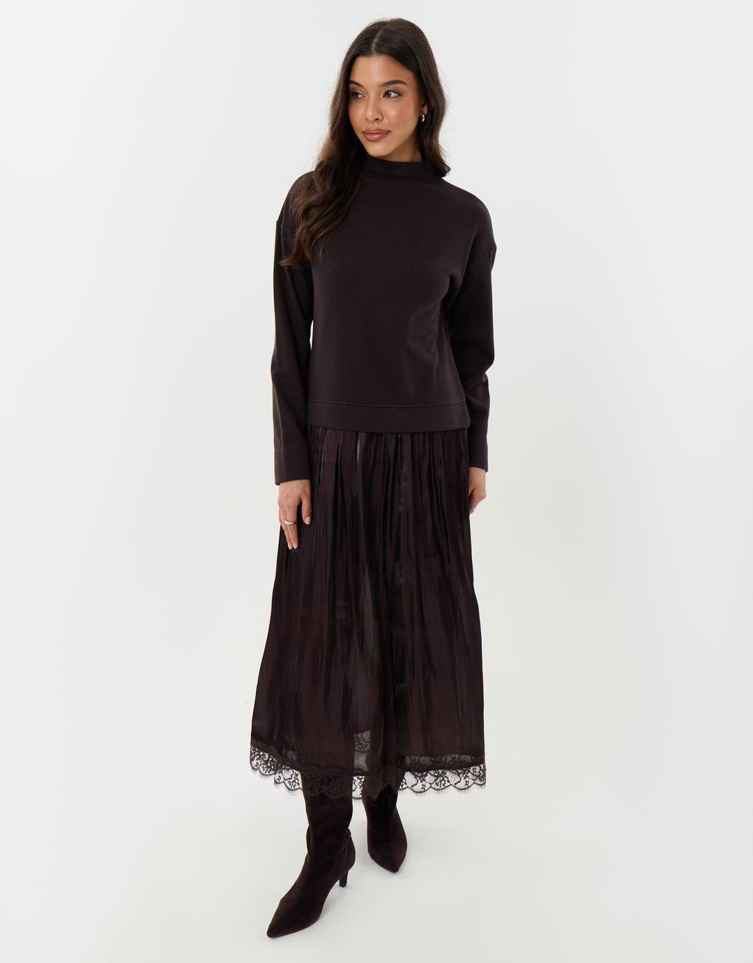 Midaxi Jumper Dress with Crinkle Satin Skirt in Chocolate Brown